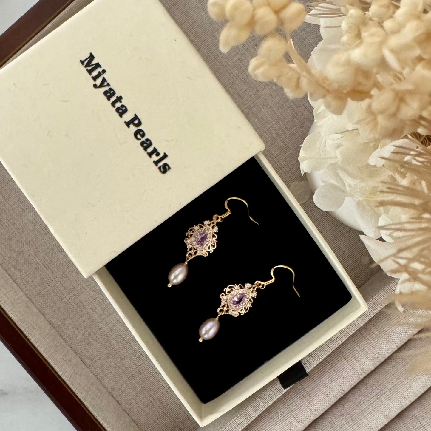 Amethyst & Purple Pearl Drop Earrings – Gold Wedding Jewelry