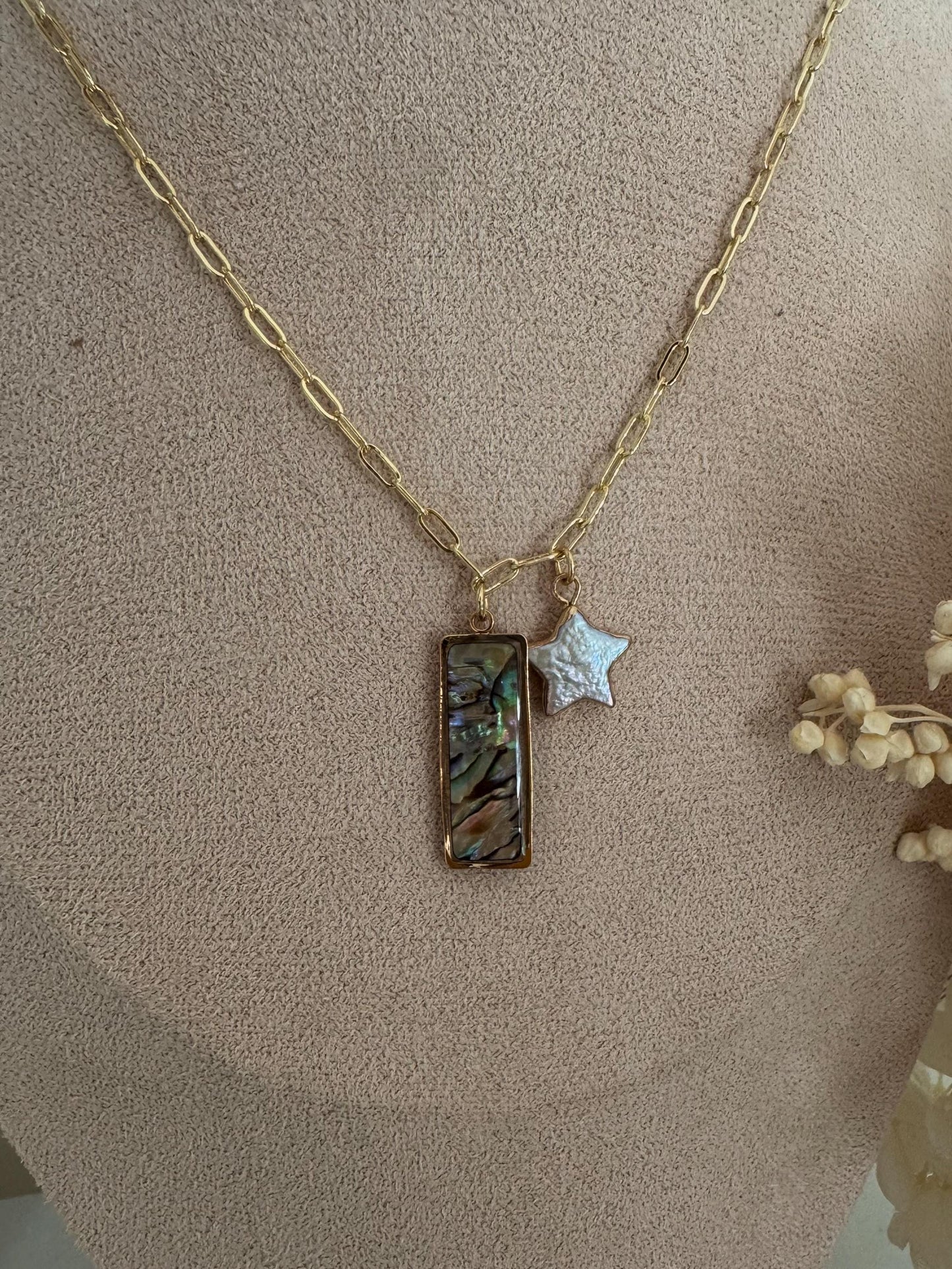 Handcrafted star baroque pearl pendant necklace, abalone shell pendant, pearl shell pendant, 14k gold chain, gift for her, graduation gift