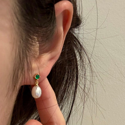 Green CZ Freshwater Pearl Dangle Earring