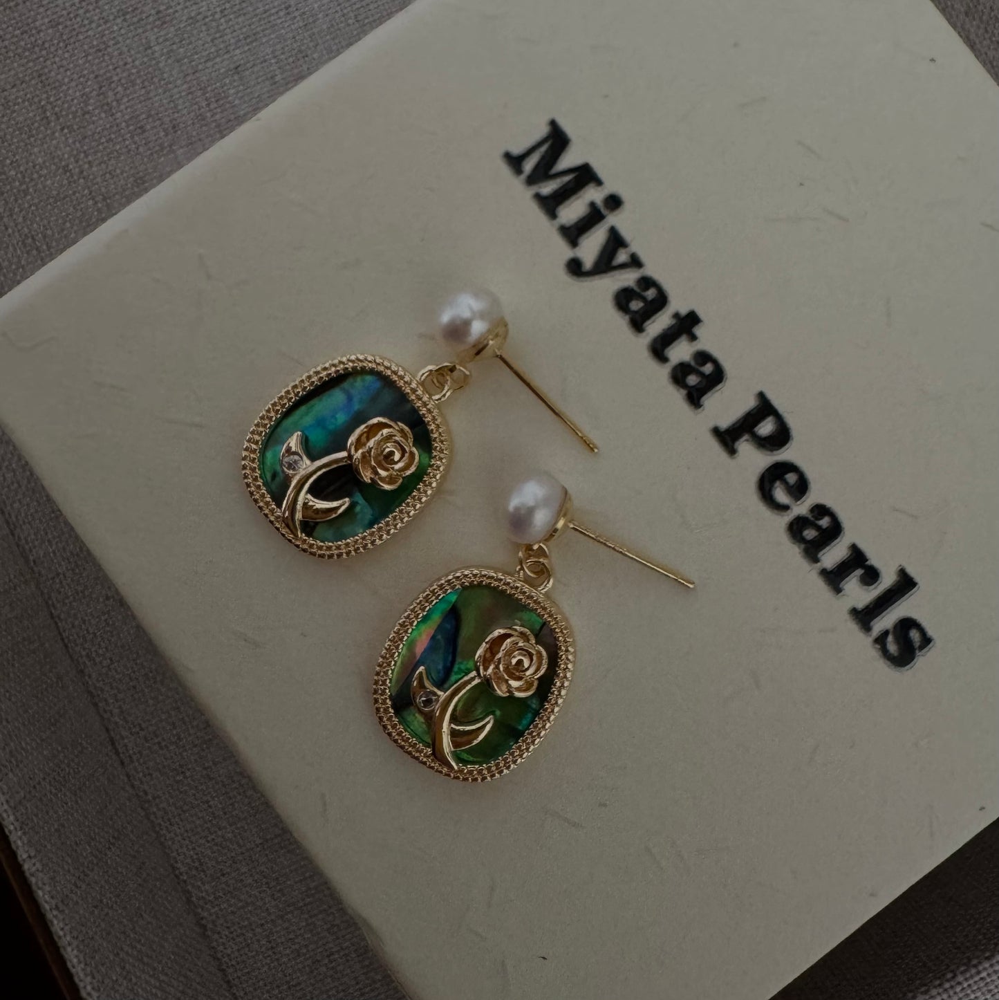 Pearl & Abalone Shell Stud Earrings – Gold-Filled Rose Accent