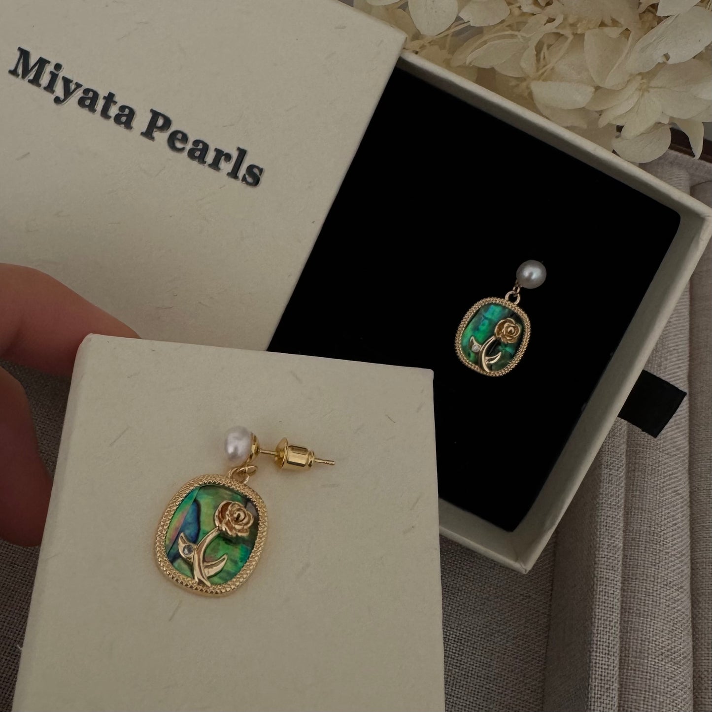 Pearl & Abalone Shell Stud Earrings – Gold-Filled Rose Accent