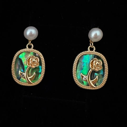 Pearl & Abalone Shell Stud Earrings – Gold-Filled Rose Accent
