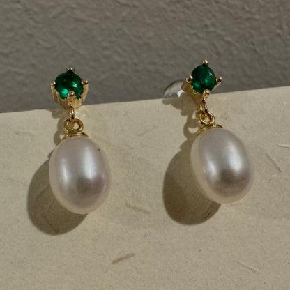 Green CZ Freshwater Pearl Dangle Earring