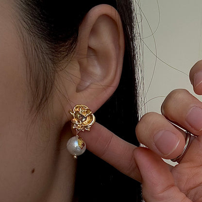 Vintage Floral Natural Pearl Dangle Earrings