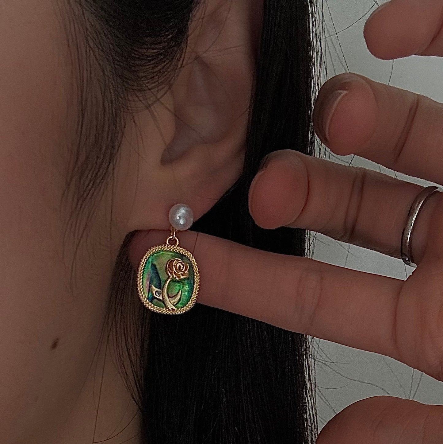 Pearl & Abalone Shell Stud Earrings – Gold-Filled Rose Accent