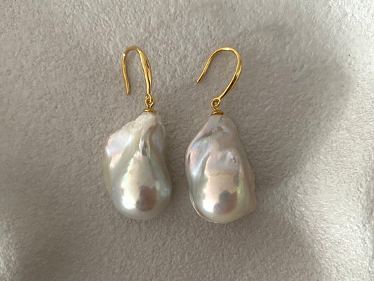 Large Baroque Pearl Drop Earrings, Baroque freshwater pearls, gold plated sterling silver metal, gift for women, bridal and wedding gifts