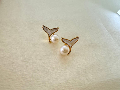 Dainty Freshwater Pearl stud earrings gold, bridesmaid gift, graduation gift, birthday gift, gift for her, dolphin tail, gold stud earrings
