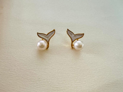 Dainty Freshwater Pearl stud earrings gold, bridesmaid gift, graduation gift, birthday gift, gift for her, dolphin tail, gold stud earrings