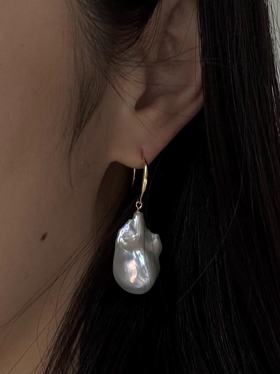 Large Baroque Pearl Drop Earrings, Baroque freshwater pearls, gold plated sterling silver metal, gift for women, bridal and wedding gifts