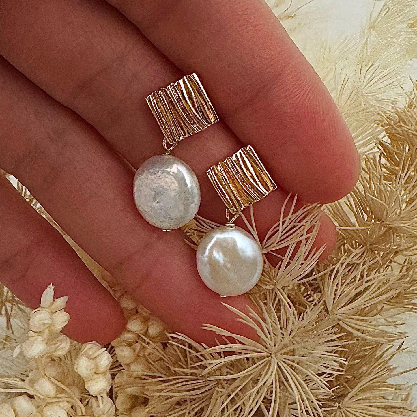 Small coins baroque pearl dangle earrings