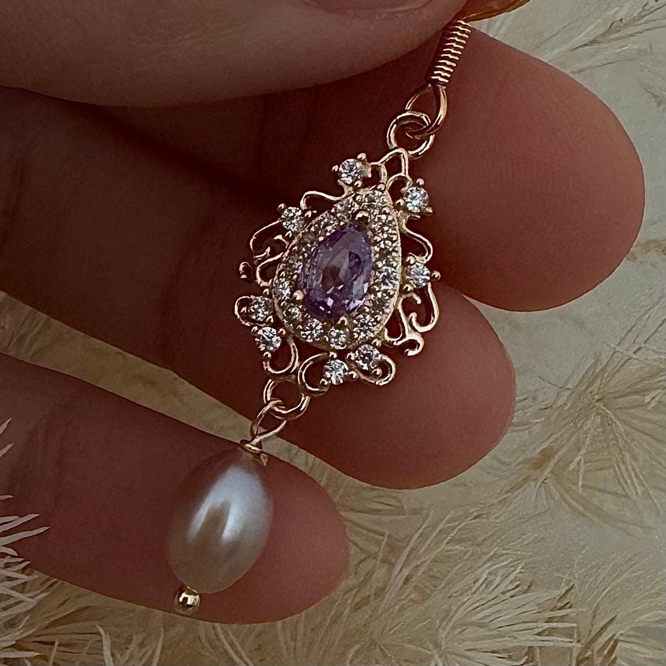 Purple pearl dangle earrings, with crystal