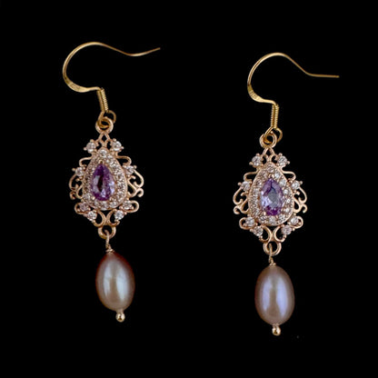 Purple pearl dangle earrings, with crystal