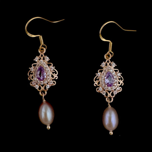 Purple pearl dangle earrings, with crystal