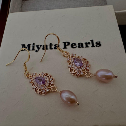 Purple pearl dangle earrings, with crystal