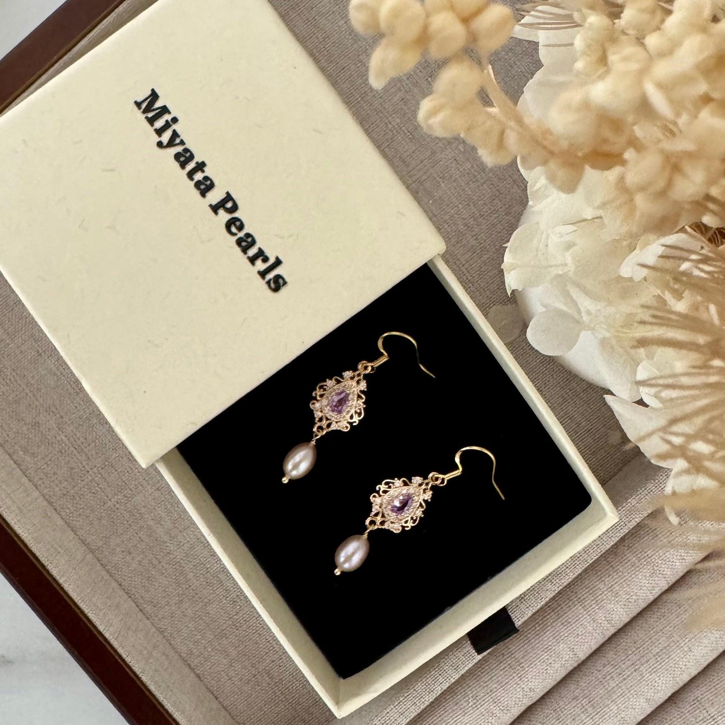 Purple pearl dangle earrings, with crystal