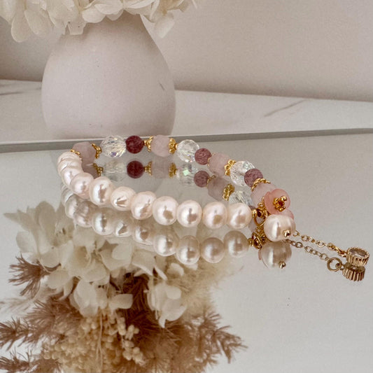 Rose Quartz and Natural freshwater pearls bracele, Crystal elastic beaded bracelet, gift for her