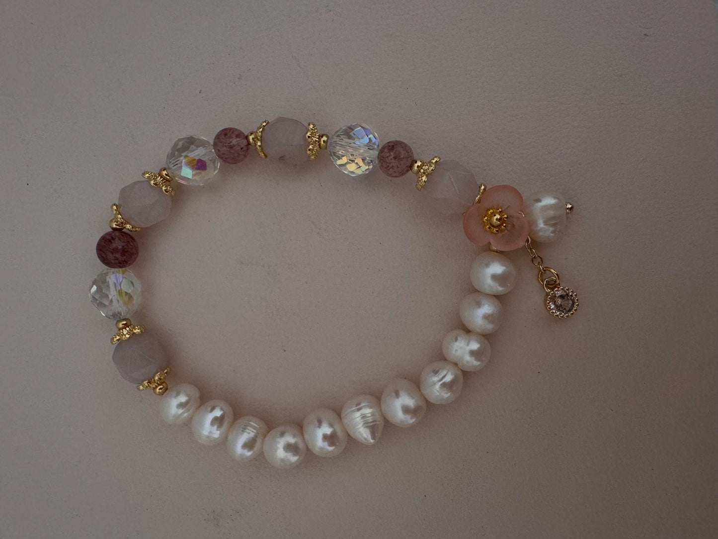 Rose Quartz and Natural freshwater pearls bracele, Crystal elastic beaded bracelet, gift for her