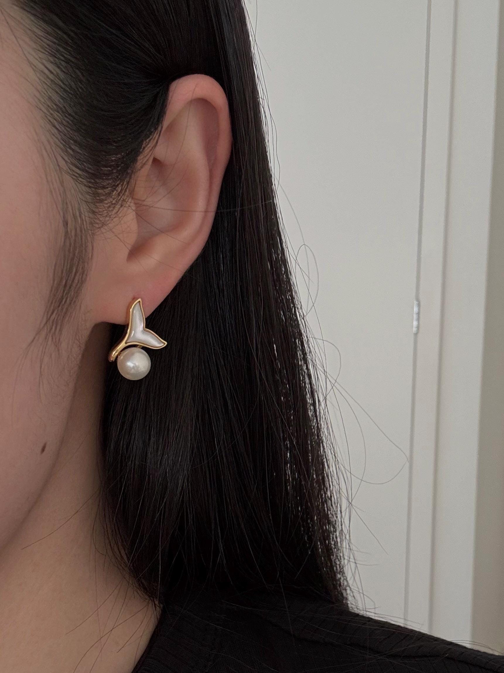 Dainty Freshwater Pearl stud earrings gold, bridesmaid gift, graduation gift, birthday gift, gift for her, dolphin tail, gold stud earrings