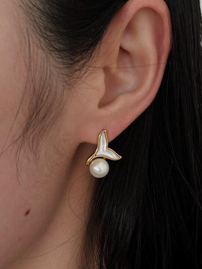 Dainty Freshwater Pearl stud earrings gold, bridesmaid gift, graduation gift, birthday gift, gift for her, dolphin tail, gold stud earrings