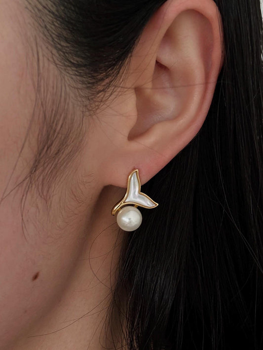 Dainty Freshwater Pearl stud earrings gold, bridesmaid gift, graduation gift, birthday gift, gift for her, dolphin tail, gold stud earrings