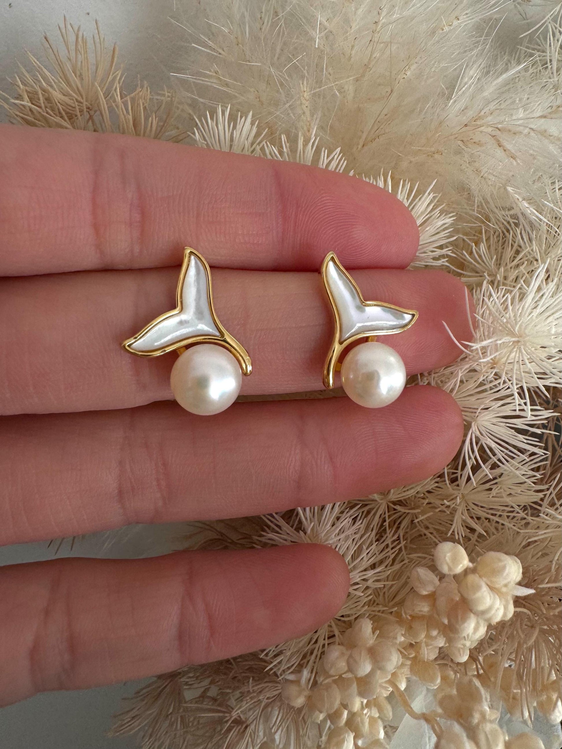 Dainty Freshwater Pearl stud earrings gold, bridesmaid gift, graduation gift, birthday gift, gift for her, dolphin tail, gold stud earrings