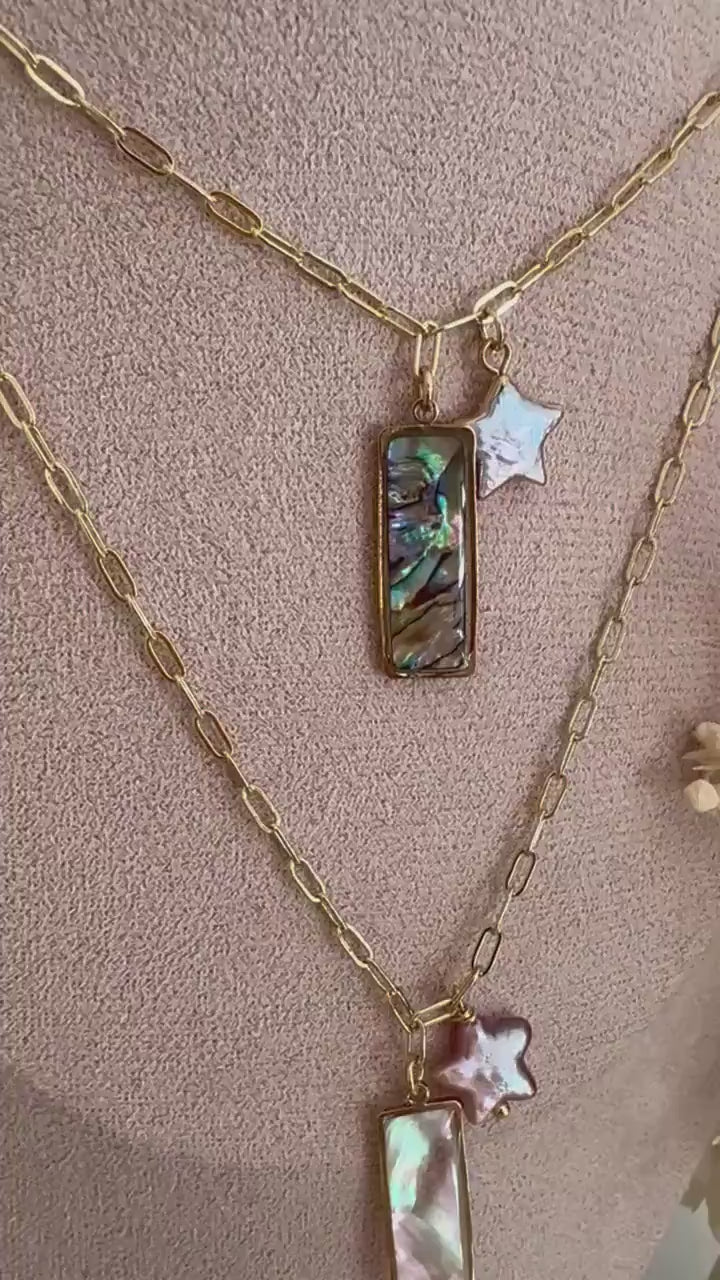 Handcrafted star baroque pearl pendant necklace, abalone shell pendant, pearl shell pendant, 14k gold chain, gift for her, graduation gift