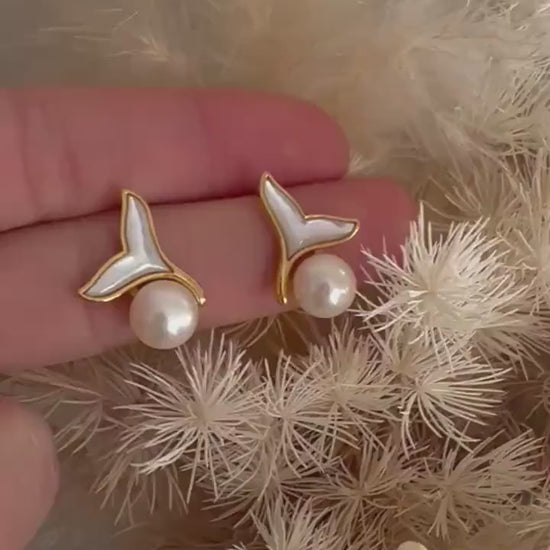 Dainty Freshwater Pearl stud earrings gold, bridesmaid gift, graduation gift, birthday gift, gift for her, dolphin tail, gold stud earrings
