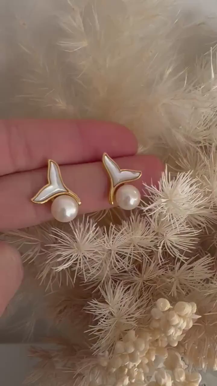 Dainty Freshwater Pearl stud earrings gold, bridesmaid gift, graduation gift, birthday gift, gift for her, dolphin tail, gold stud earrings