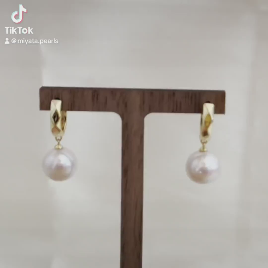 Freshwater Pearls Drop Hoop Earrings in gold-plated sterling silver, 5A quality, natural round pearls, bridal earrings, wedding jewellery